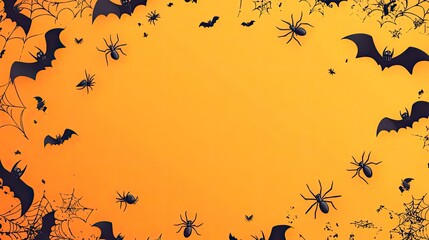 Halloween banner with copy space - horizontal composition with spiders, bats and golden skeleton over orange background. with generative ai