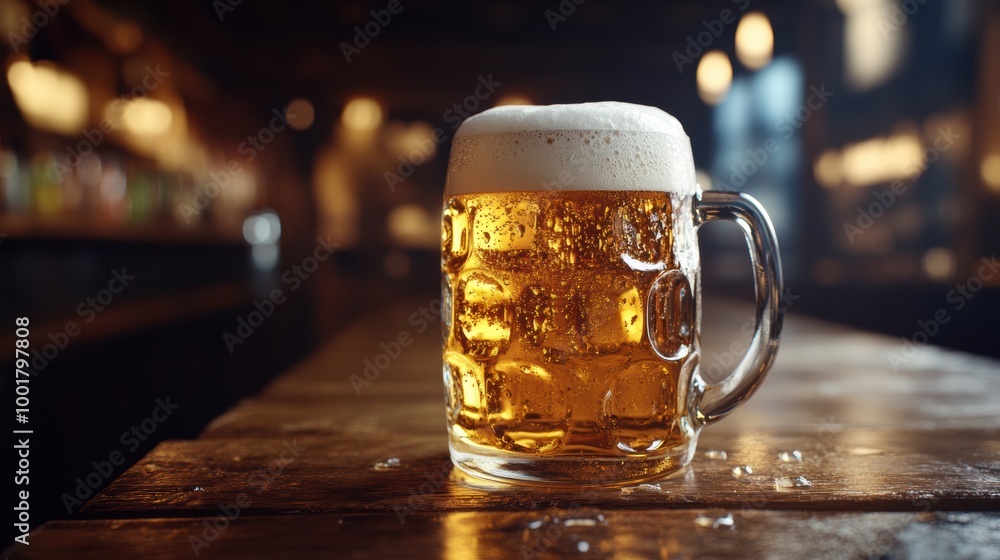 Poster a frothy mug of beer overflowing on a rustic wooden table in a cozy tavern during the evening. gener