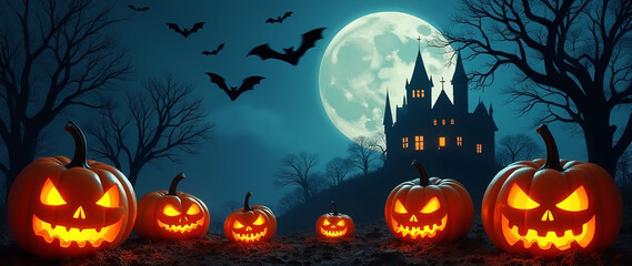 The combination of pumpkins, a ghostly castle, bats, and the full moon creates the perfect Halloween night setting