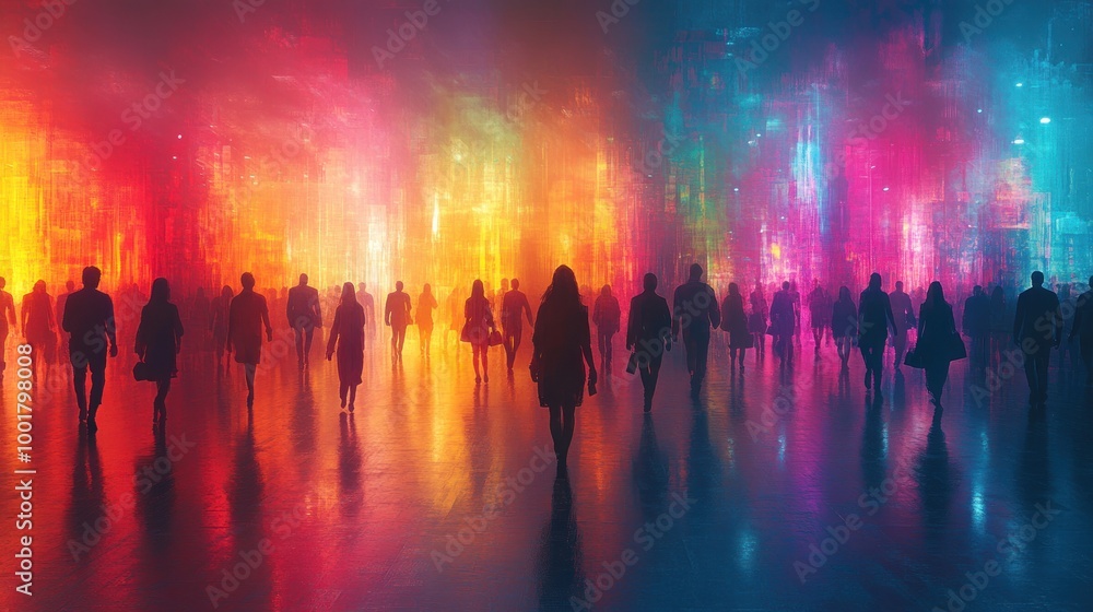 Wall mural A crowd of people walking through a colorful, neon-lit city at night.  The silhouettes of the people are visible in the foreground, while the city lights create a vibrant and colorful backdrop.