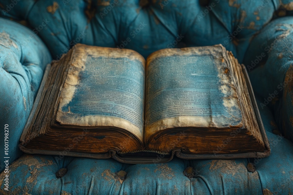 Sticker An antique, aged, leather-bound book with yellowed pages lies open on a plush blue velvet armchair.