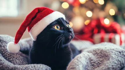 Black cat wearing Santa hat background. Cozy Christmas background