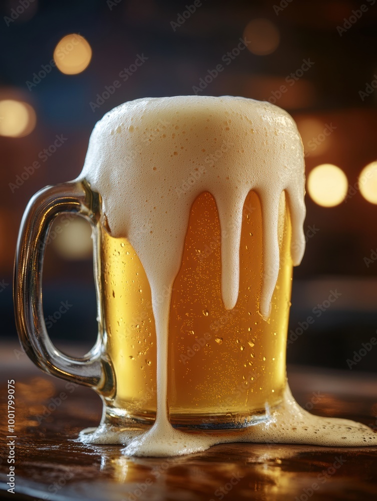 Aufkleber A frothy beer mug overflowing with foam resting on a rustic wooden table in a cozy bar setting. Generative AI