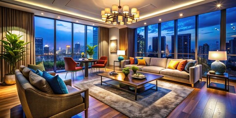 Fototapeta premium Elegant Luxury Apartment Interior with Modern Furniture and Stylish Decor in a Bright Urban Setting