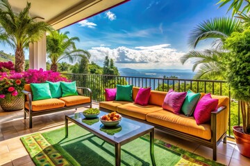 Elegant Luxury Balcony Overlooking Scenic Views with Stylish Furniture and Lush Greenery Surrounding It