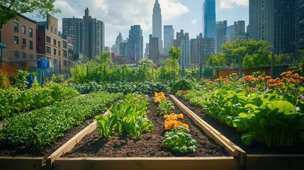 Fototapeta premium A community garden in a bustling urban environment, with vibrant plant beds and city skyscrapers in the background Urban Green Space Realism Bright Colors