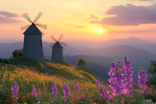 A windmill and spring flowers on Fourni island in Greece.