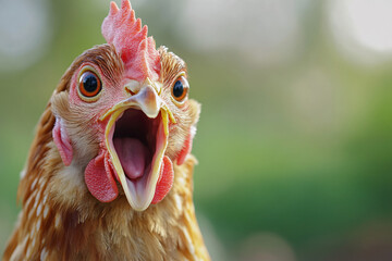 A close-up of a chicken with its beak wide open showing a surprised expression against a blurred green background
