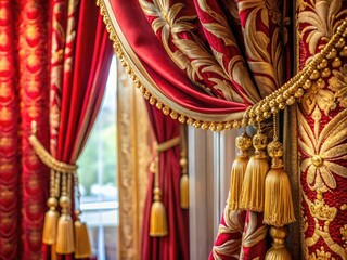 Fototapeta premium Elegant Red and Gold Living Room Curtains Draped Gracefully in a Cozy and Stylish Interior Setting