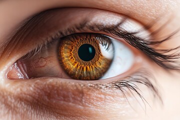 Fototapeta premium Human brown eye supermacro closeup background. Color contact lens concept with generative ai