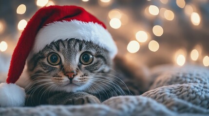 Cat wearing Santa hat. Cozy Christmas background