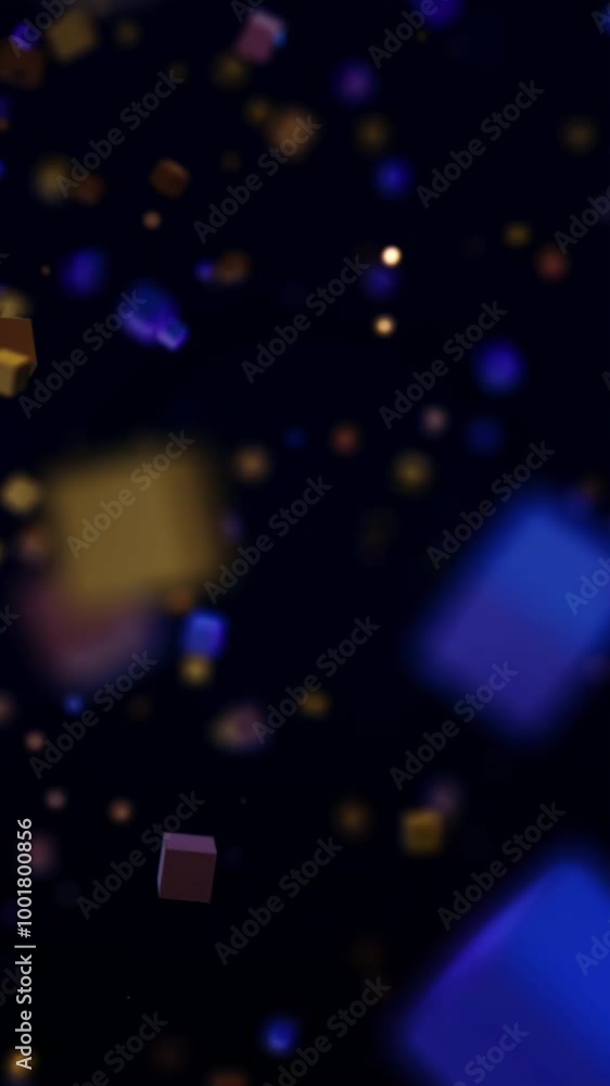 Poster abstract tiny cubes flying and creating a rectangle frame on black background. animation. small geom