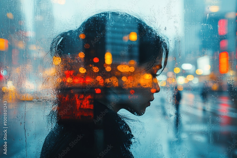 Poster A woman's silhouette is seen through a rain-streaked window, with city lights reflecting in the glass.