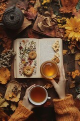 Observing unrecognizable lady holding bunch of wild flowers as she lies on thick, soft blanket next to tea with honey and a notebook filled with dried plants from above