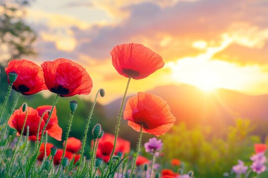 Peak District National Park, Baslow, Derbyshire - red poppies, backlit field at sunrise, beautiful wild flowers