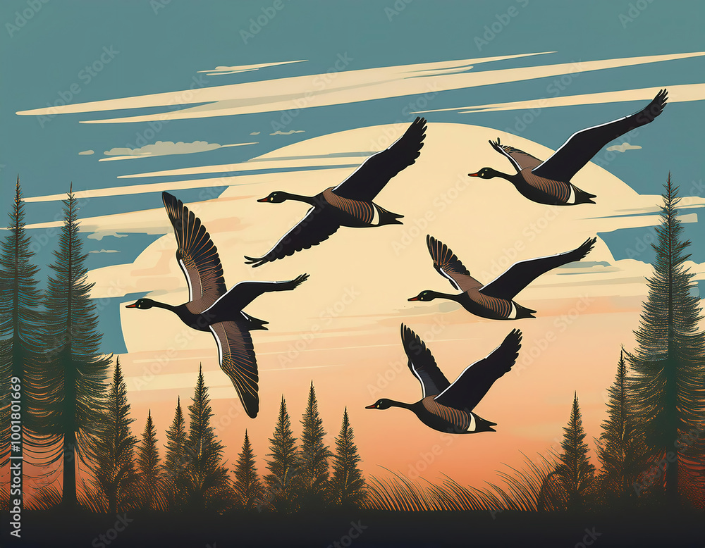 Wall mural flock of geese flying in the sunset. cartoon illustration.