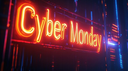 Glowing neon cyber monday sign with futuristic digital background concept