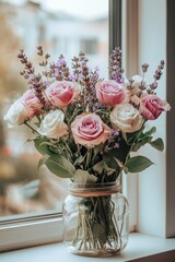 Using pink, white, and lilac garden flowers, this glass vase is beautiful.