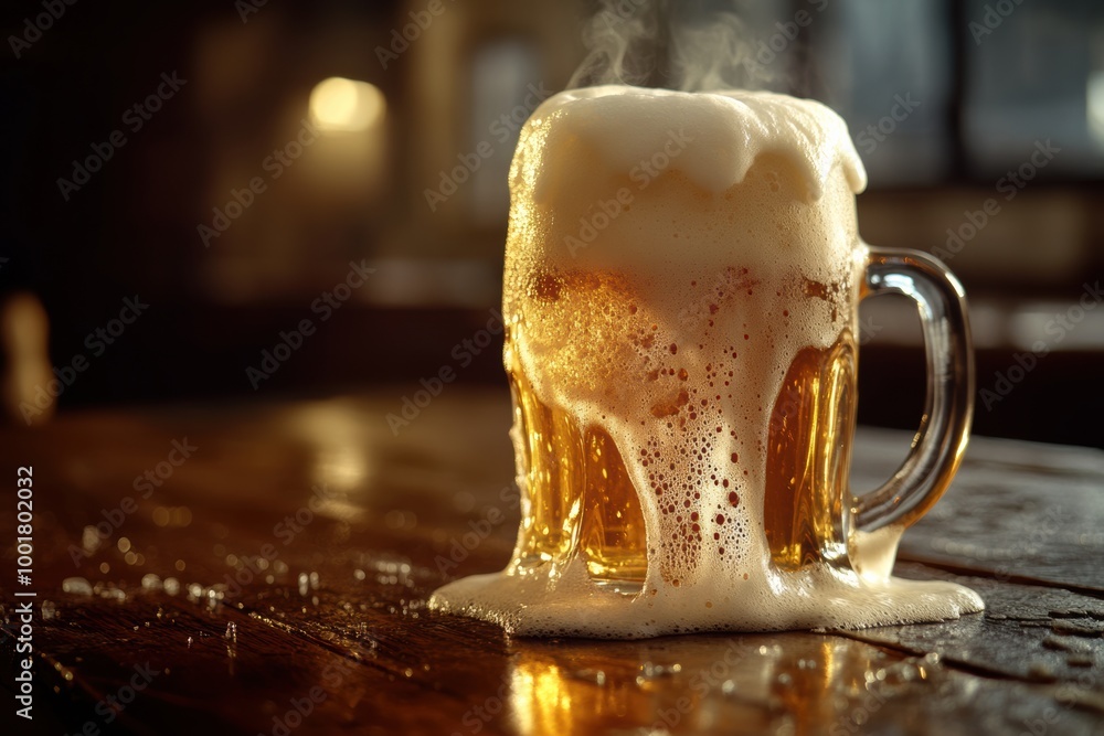Aufkleber A frothy beer mug overflowing with foam rests on a rustic wooden table in a cozy tavern setting. Generative AI