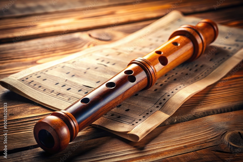 Poster elegant wooden recorder flute on a rustic table with sheet music and a soft light background