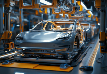 Obraz premium EV Production Line on Advanced Automated Smart Factory. High Performance Electric Car Manufacturing.