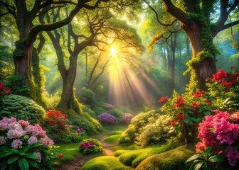 Enchanted Forest Scene with Lush Green Trees, Vibrant Flora, and Soft Sunlight Filtering Through Leaves