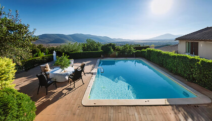 Luxury poolside patio with mountain view and lush greenery