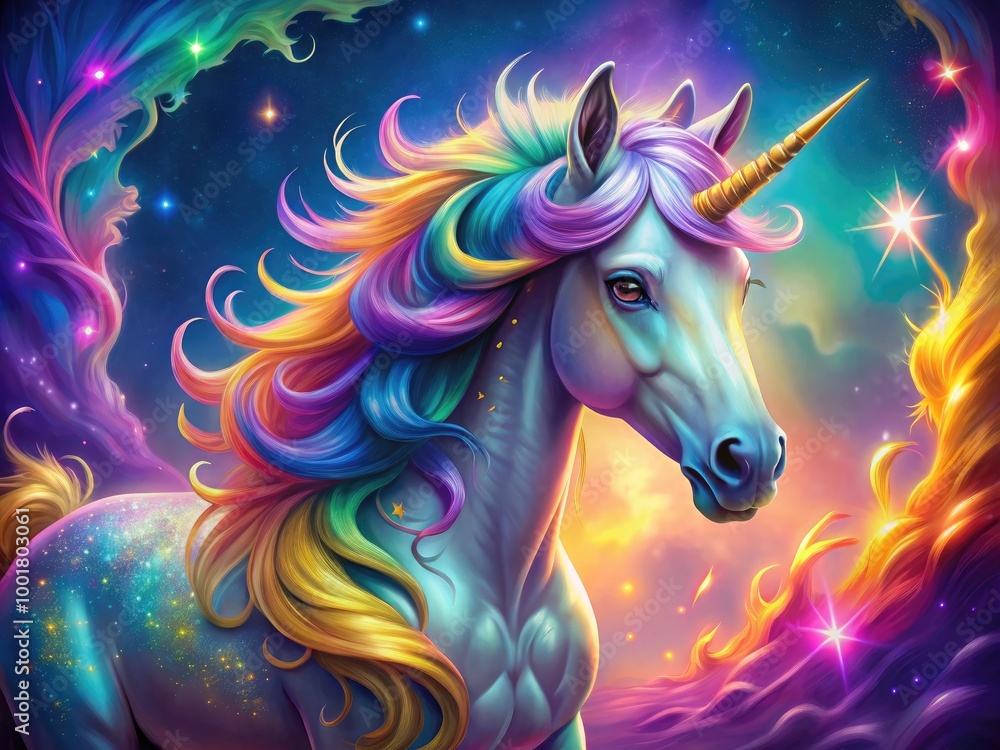 Poster enchanted unicorn illustration with colorful mane and sparkling elements for fantasy design projects