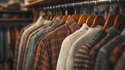 Obraz premium An aesthetic photo of on hangers in the closet, a brown and rust plaid shirt with a white sweater, a dark academia aesthetic, a cottagecore aesthetic