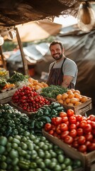 A picturesque farmer s market stall featuring organic fruits and vegetables, with the vendor smiling in the warm morning light  Rustic  Realism  Golden Hour Photography
