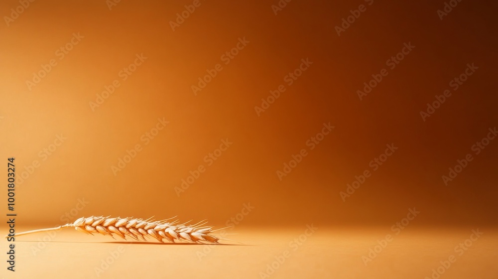 Poster a strand of wheat lies prominently against a warm monochromatic gradient backdrop, casting a soft sh