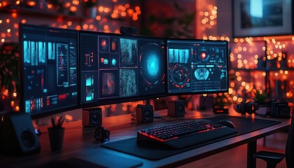A professional freelance creative workspace setup with modern tech tools, sleek design, and vibrant mood boards displayed on holographic screens  Futuristic  Hologram  Minimalist
