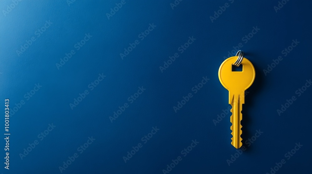 Poster the composition features a glossy yellow escape key prominently displayed on a smooth blue surface, 