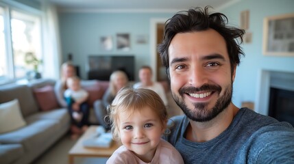 A unpolished causual photo portrait taken as a selfie. A young father with dark hair and beard stands in front of his family who sits on sofas around him smiling at camera