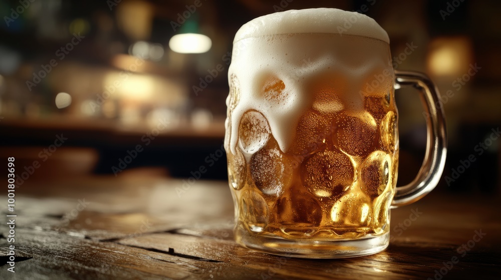 Poster A close-up view of a frothy beer mug overflowing with foam on a rustic wooden table in a cozy pub setting. Generative AI