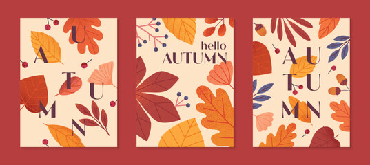 Autumn seasonal posters with leaves,ginkgo,berries,acorns and plants in fall colors.Vector modern illustrations.Trendy autumn templates for prints,ad,social media marketing,branding,packaging,covers.