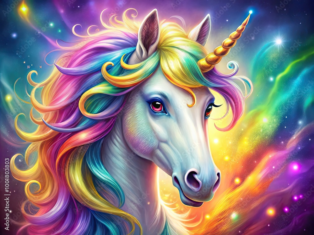 Poster enchanting unicorn face with colorful mane and sparkling eyes set against a mystical background