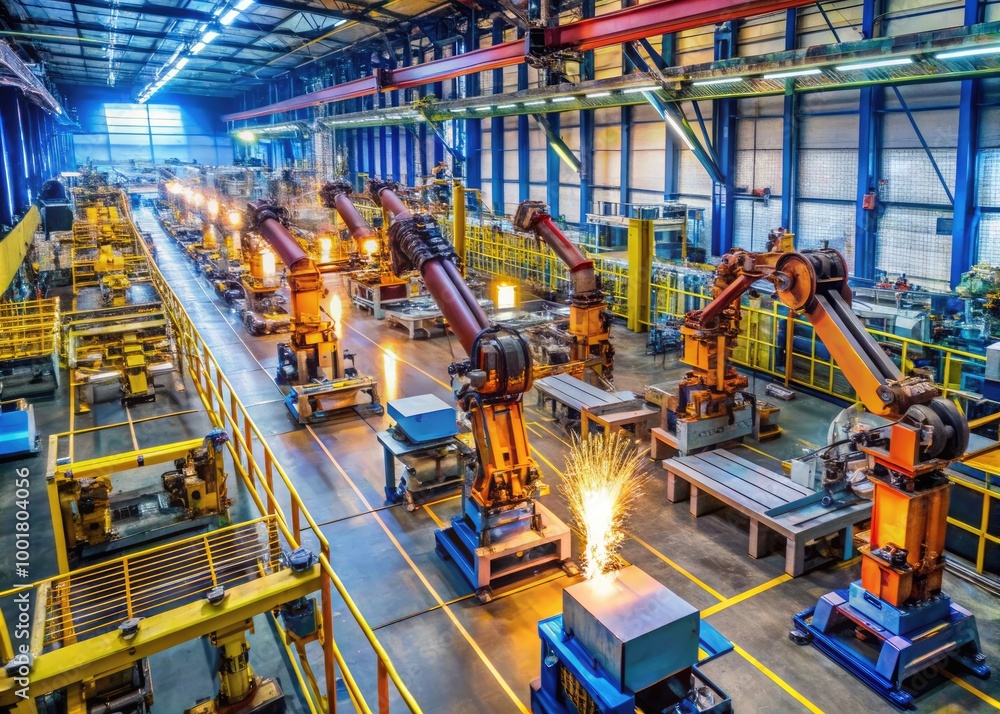 Poster engineers programming advanced robotic welder in high-tech manufacturing facility for seamless weldi