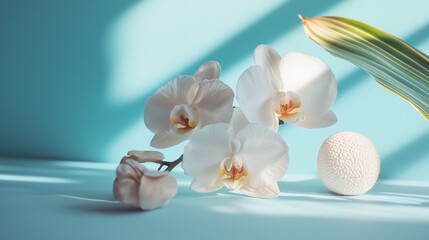 White orchids in soft blue lighting with shadows
