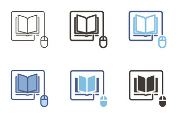 Computer mouse connected to book. Online learning vector icon. E-learning, education, digital knowledge, online reading. Academic, articles and news websites graphic element.