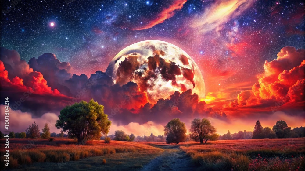 Poster enigmatic landscape under a red moon with surreal clouds and starry sky creating a dreamlike scene