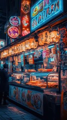 A vibrant street food festival at night, with neon signs and colorful food stalls, a futuristic twist with AI robots serving the dishes  Cyberpunk  Neon  Futuristic Photography