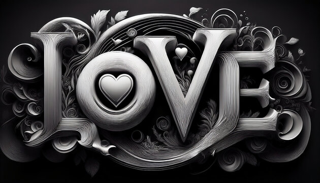 Love 3D word in black metal on a silver wave background with hearts