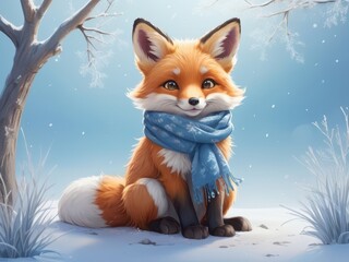 A cute little fox is sitting in the snow with a blue scarf around its neck