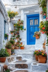 Greece, blue wall, flower basket, and terracotta pot