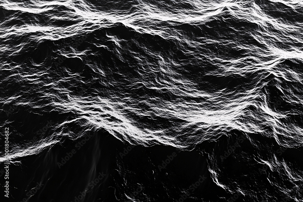 Poster a high-contrast black and white image capturing the texture of ocean waves with strong light and sha