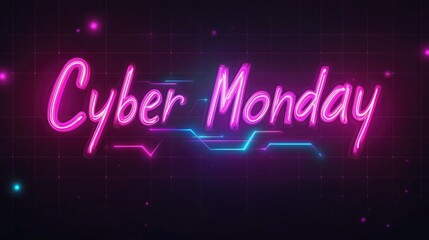 Obraz premium Neon cyber monday sign with futuristic digital grid background highlighting e-commerce deals