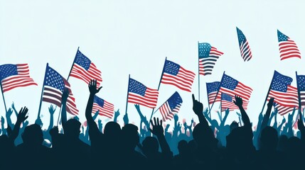 Obraz premium A large crowd waving American flags at a presidential campaign rally. 