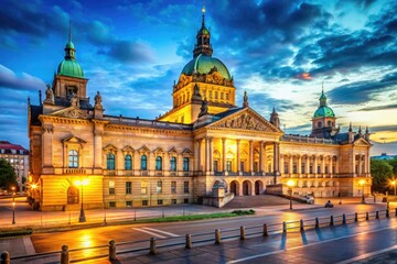 Obraz premium Evening View of the Federal Administrative Court Building in Leipzig Illuminated by City Lights