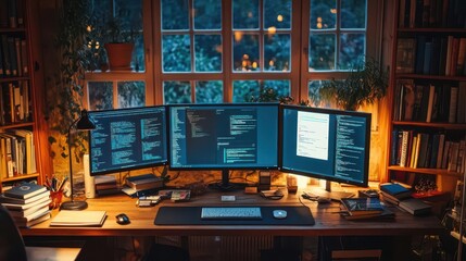 An online learning setup with multiple screens showing virtual classes, books, and a cozy home study environment  Realism  Cozy  Soft Lighting